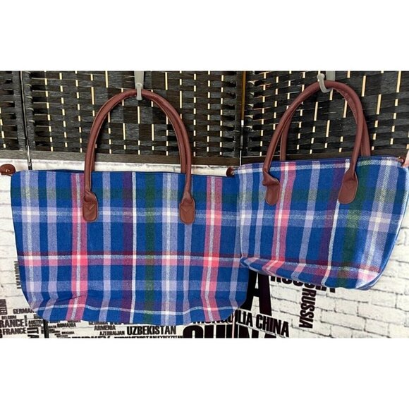 Woman Within Blue-Pink Plaid Flannel Faux Leather Handles 2 Piece Tote Set - Picture 4 of 7
